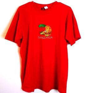 T-Shirt Red Embroidered Lion Tanzania Size XL